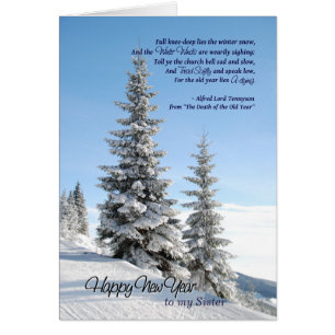 Cartão Neve de Ano Novo em Coníferas para Poema Irmã Tenn