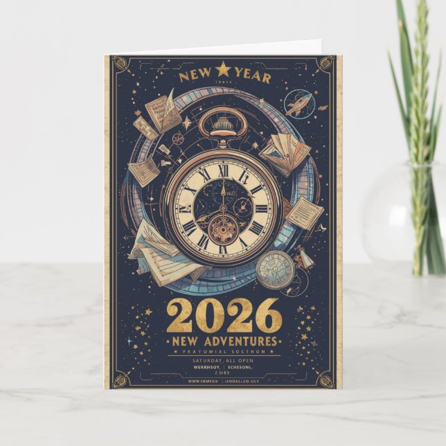 Cartão New Year 2026 Time Travel Vintage Greeting (Frente)