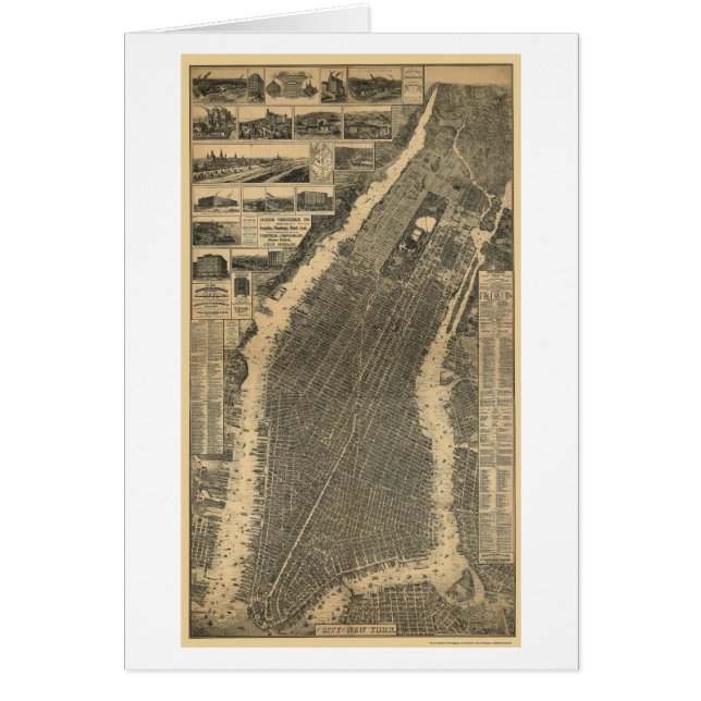 Cartão New York, mapa panorâmico de NY - 1879 (Frente)