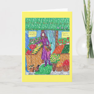 Cartão New York Market Greeting Card with Woman and Cat