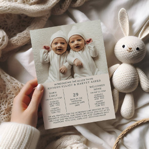 Cartão NICU Taupe de Pré-aviso de Nascimento Twins
