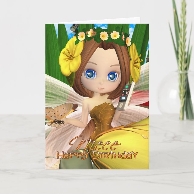 Cartão Niece Aniversário com luas, cutie Fall Fairy (Frente)