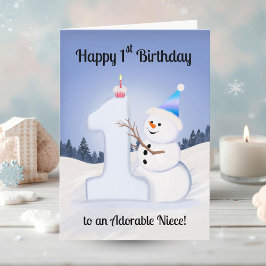 Cartão Niece Happy 1st Birthday Snowman Building