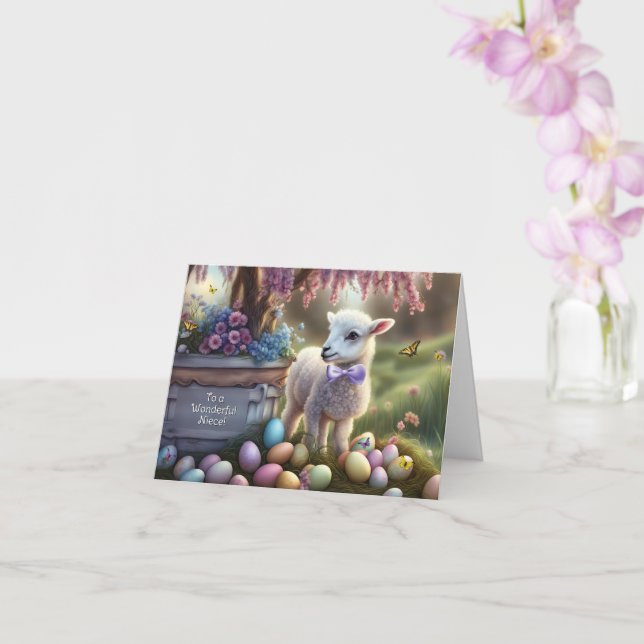 Cartão Niece Happy Easter Lamb Eggs Flowers Butterflies (Orquídea)