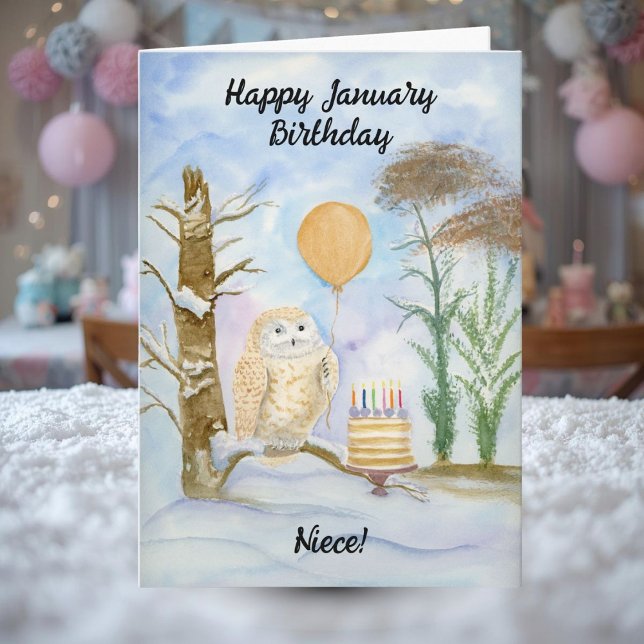 Cartão Niece Happy January Birthday Owl Cake (Criador carregado)