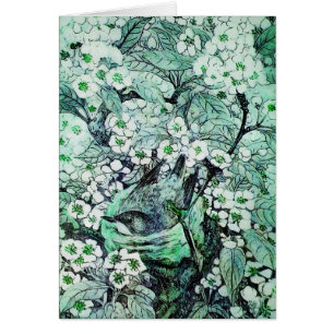 CARTÃO NINHO DE PÁSSARO, ÁRVORE COM FLORES BRANCAS VERDES