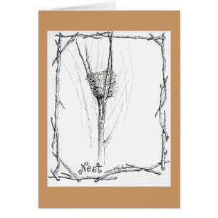 Cartão Ninho dos pássaros no esboço do inverno na tinta