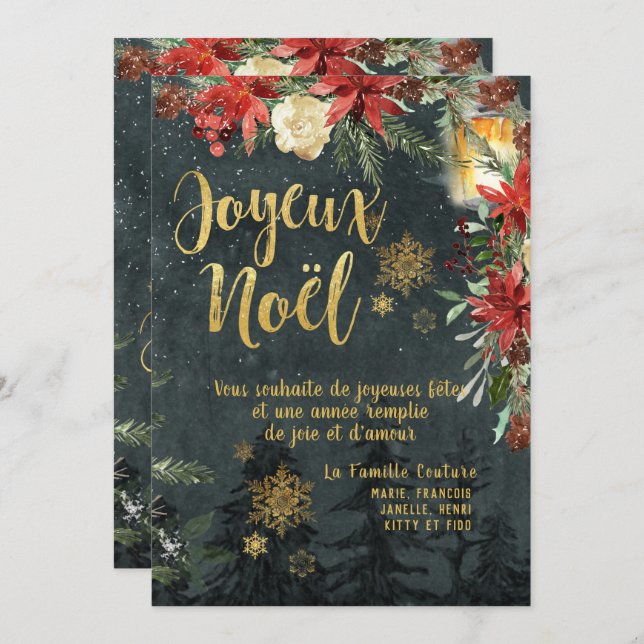 Cartão Noel Joyeux Francês para Caligrafia Dourada (Frente/Verso)