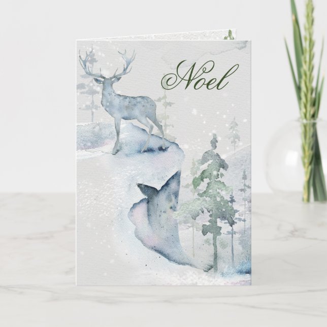Cartão Noel Watercolor Deer no Cliff (Frente)