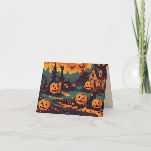 Cartão Noite Assustadora do Halloween com Pumpkins Esculp (Frente)