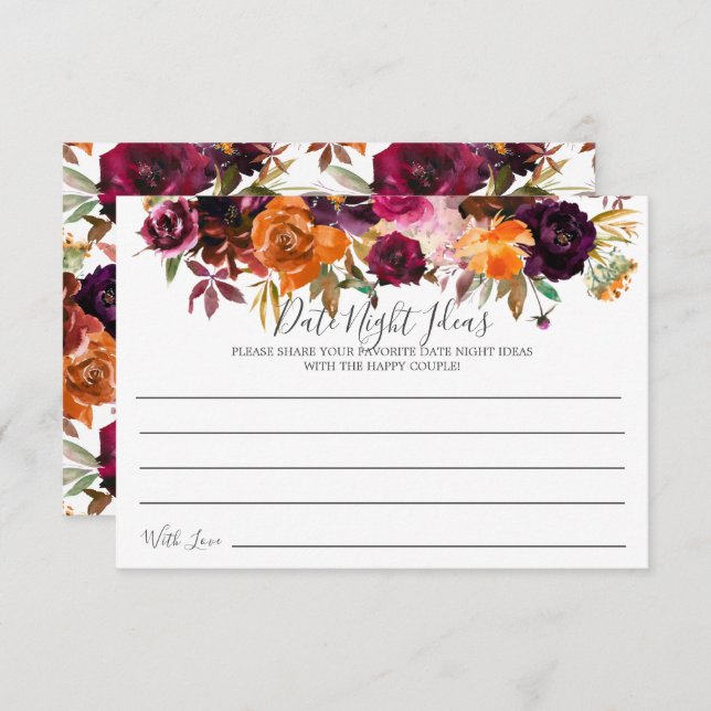 Cartão Noite de Data Floral Laranja Fall Burgundy (Frente/Verso)