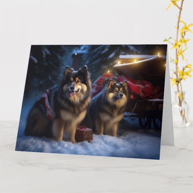 Cartão Noite de Natal Finlandesa de Lapphund Snowy Sleigh (Flor Amarela)