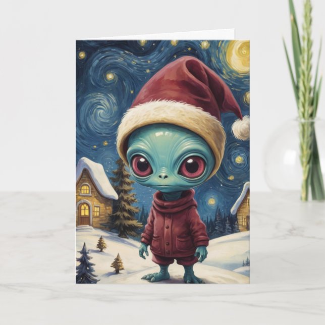 Cartão Noite Estrelada de Natal Personalizada com Alieníg (Frente)