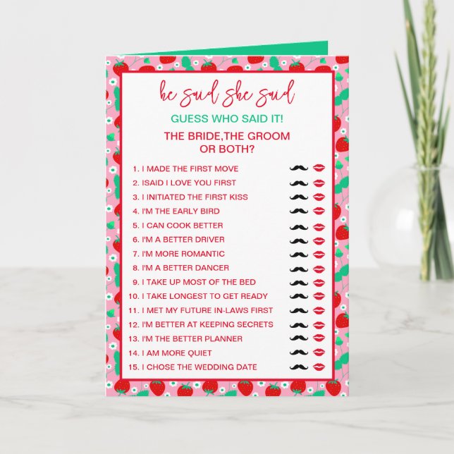 Cartão Noiva de Morango ou Adivinha Que Disse Jogo (Frente)