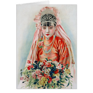 Cartão Noiva de Vermelho no Casamento Chinês em Xangai