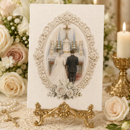 Cartão Noiva e Noivo Católicos Vintage no Altar-Mor