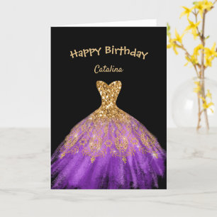 Cartão Noivado Dourado de Vestido Roxo Elegante