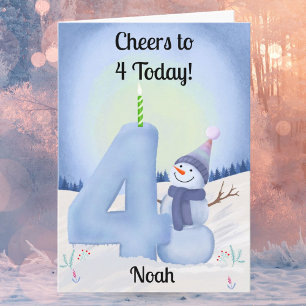 Cartão Nome 4º Aniversário Boneco de Neve com Quatro Neva