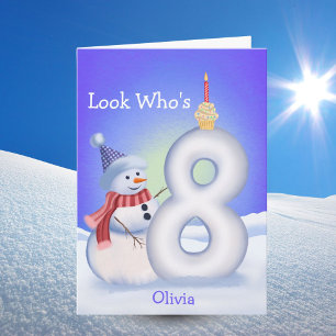 Cartão Nome Aniversário de 8 anos Boneco de Neve Nevado O