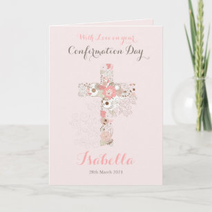 Cartão Nome cruzado floral de confirmação cor-de-rosa pin