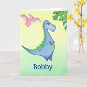Cartão Nome e Idade do Menino Dinossauro Aniversário Fofo