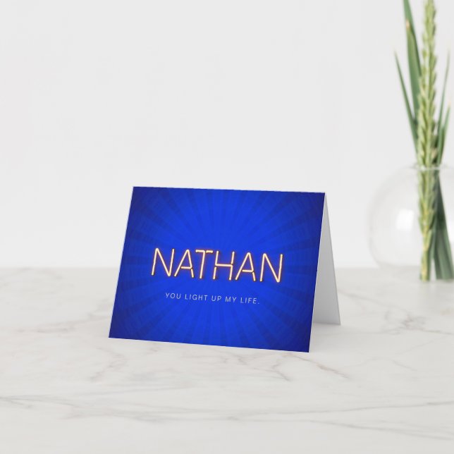 Cartão nome Nathan em luzes de neon brilhantes (Frente)