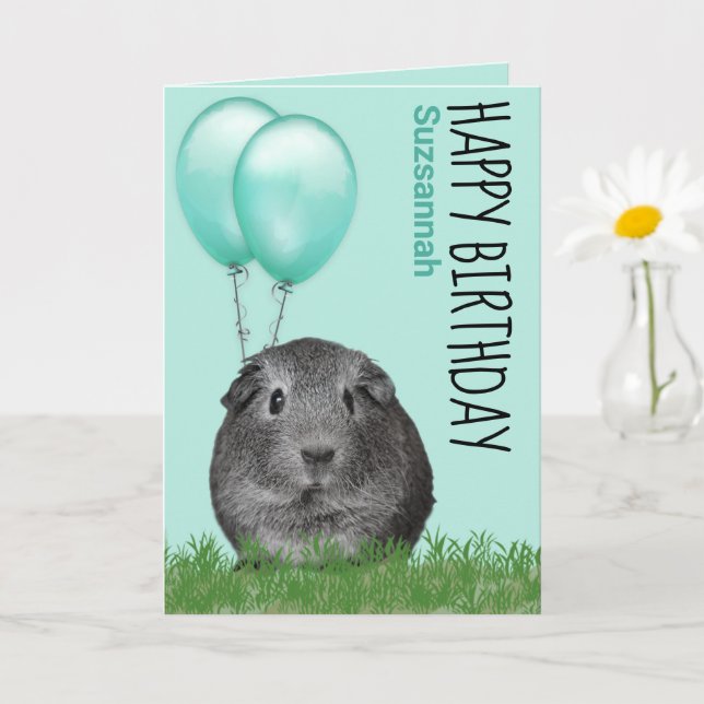 Cartão Nome Personalizado Birthday Guiné Pig Teal Balões (Planta pequena)