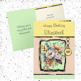 Cartão Nome personalizado de 50 anos Floral amarelo