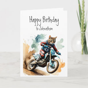Cartão Nome Personalizado de Aniversário Cat Riding Motoc