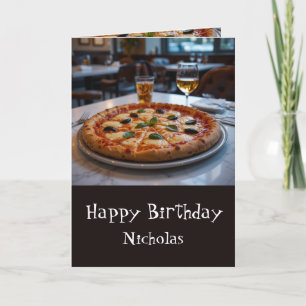 Cartão Nome personalizado de aniversário com pizza