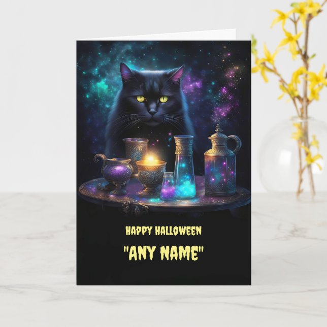 Cartão Nome Personalizado do Halloween Cat e Poções Negra (Flor Amarela)