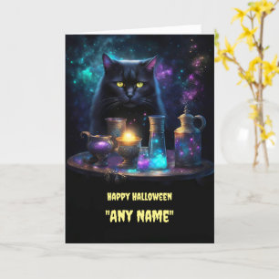 Cartão Nome Personalizado do Halloween Cat e Poções Negra
