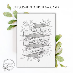 Cartão Nome Personalizado Floral Preto e Branco de Aniver