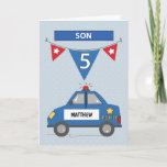 Cartão Nome Personalizado Son 5 Birthday Blue Police Carr<br><div class="desc">Presente que amou seu filho com este cartão de nome personalizado colorido e divertido,  assim que ele finalmente comemorar seu aniversário de 5. Já que isso vai acontecer mais cedo do que mais tarde,  então você deveria estar pegando sua cópia.</div>