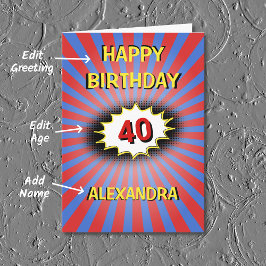 Cartão Nome personalizado vermelho azul e idade retro ani