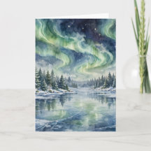 Northern Lights Winter Lake Gift Watercolor Aurora