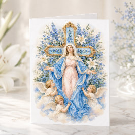 Cartão Nossa Senhora Rainha do Céu Floral Azul com Querub
