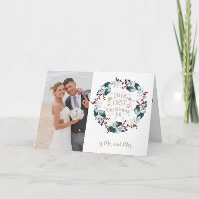 Cartão Nosso Natal de 1rua como Sr. e Sra. Wreath Foto (Frente)