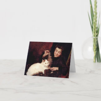 Cartão Nota com Arte Vintage Vermelha de Gata e Menina em