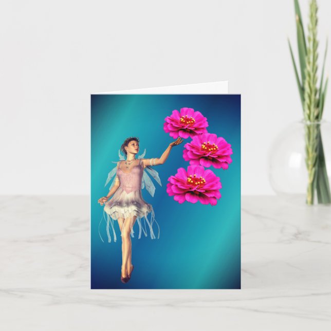 Cartão Nota de Fantasia da Fada e Flor de Zínia Rosa (Frente)