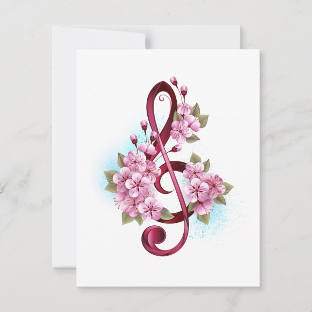 Cartão Notas de clave de trecho musical com flores de Sak (Frente)