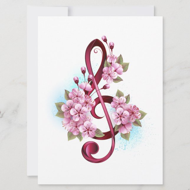 Cartão Notas de clave de trecho musical com flores de Sak (Frente)