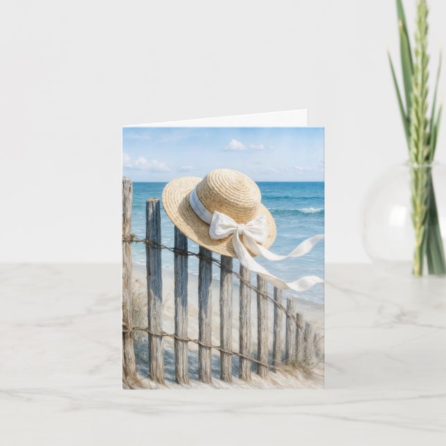 Cartão Note Card Summer Hat On a Beach Fence (Frente)