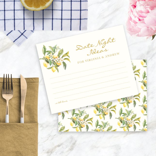 Cartão Noturno de Limão de Aquarela (Watercolor Lemon Floral Bridal Shower Date Night Ideas Card by Painted Paperie
)