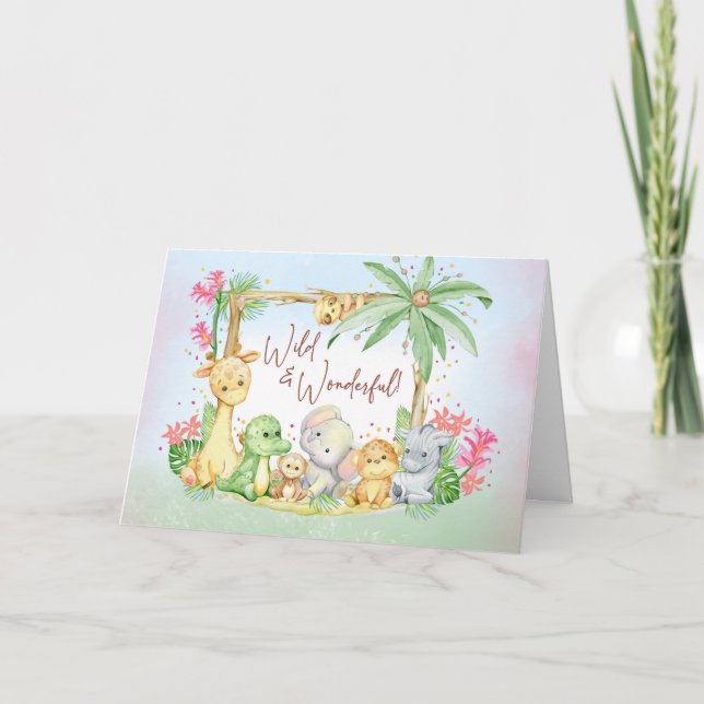 Cartão Nova Bebê Menina Animais da Savana Selvagens e Mar (Frente)