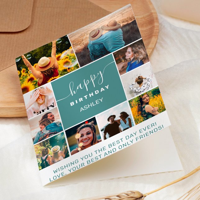 Cartão Nova grelha de colagem de 10 fotografias simples d (Modern simple birthday teal 10 photo collage grid card)