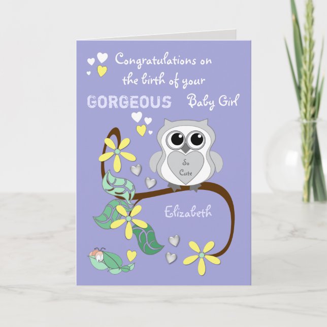 Cartão Nova menina felicita o roxo por uma coruja fofa (Frente)