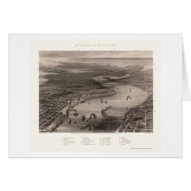 Cartão Nova Orleães, mapa panorâmico do LA - 1863 (Frente Horizontal)