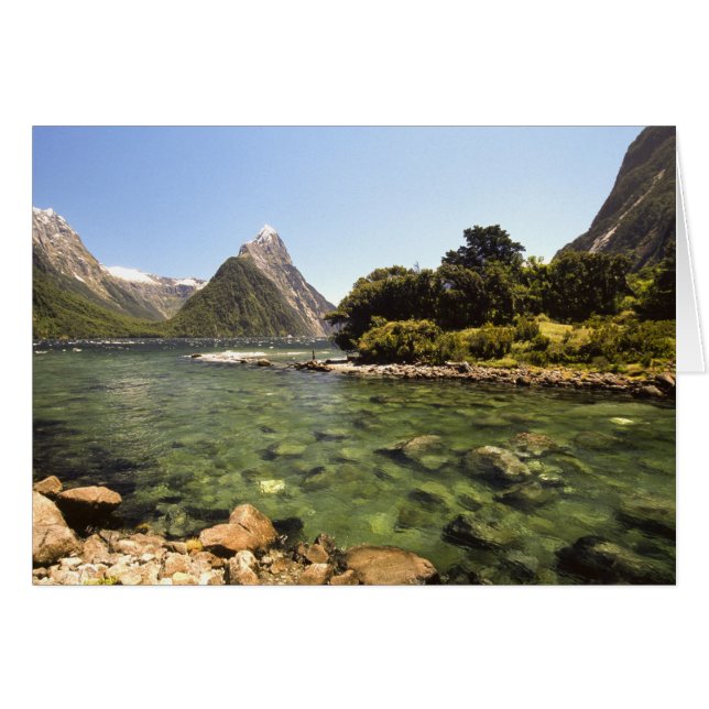 Cartão Nova Zelândia, Miter Peak e Bowen River entrando (Frente Horizontal)