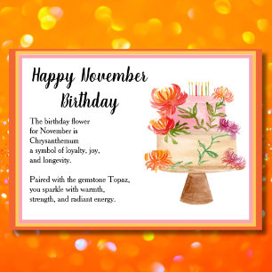 Cartão Novembro Aniversário da Flor Chrysanthemum no Cake
